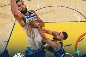 库中锋实锤💀森林狼赢球海报：戈贝尔封面人物 库里成防守背景