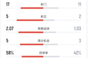 切尔西2-0埃弗顿全场数据：射门17-11，射正5-2，控球率58%-42%